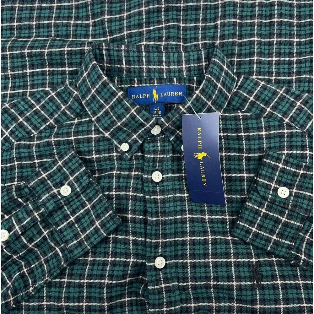 Ralph Lauren Shirt Boys Large Green Black Flannel‎ Button Up Tartan Plaid Youth